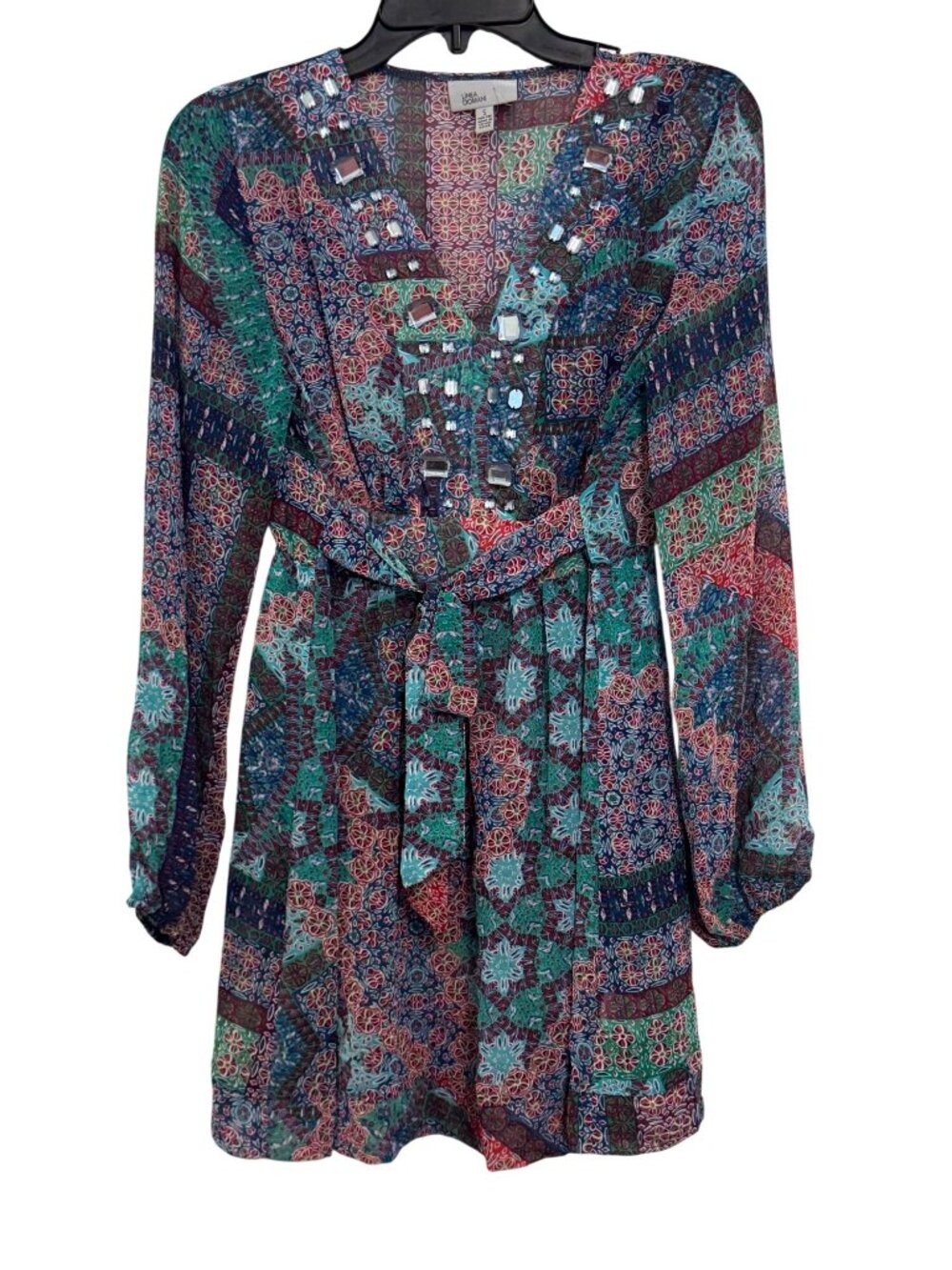 Linea Domani Embellished Boho Print Long Sleeve Mini Dress Womens Size S